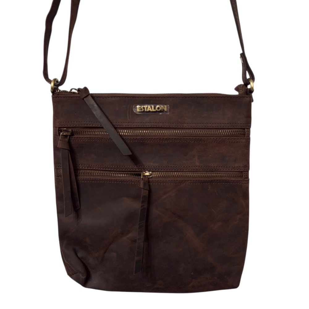 Estalon Brown Leather Crossbody Messenger Bag Purse - Picture 3 of 16